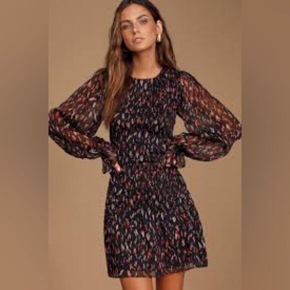 Lulus Smocked Balloon Sleeve Dress Multicolor Print Size M - Picture 2 of 9